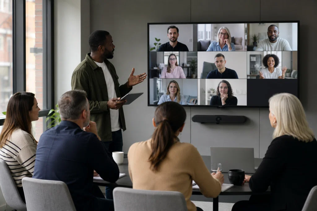 Hybrid team meeting with remote colleagues included in the opener