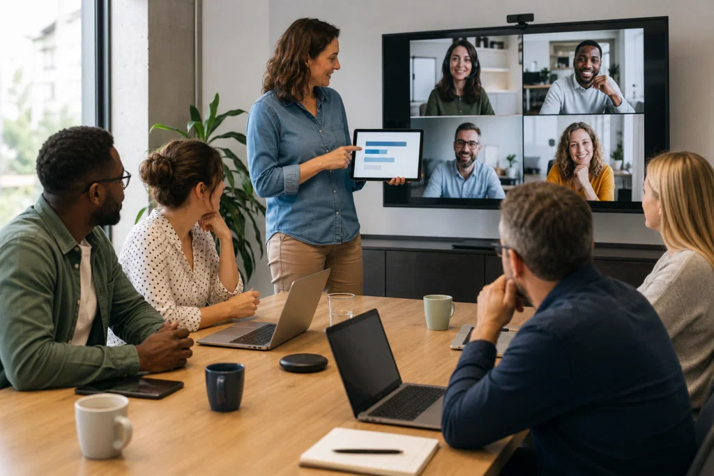 Hybrid team using a quick poll icebreaker during a meeting