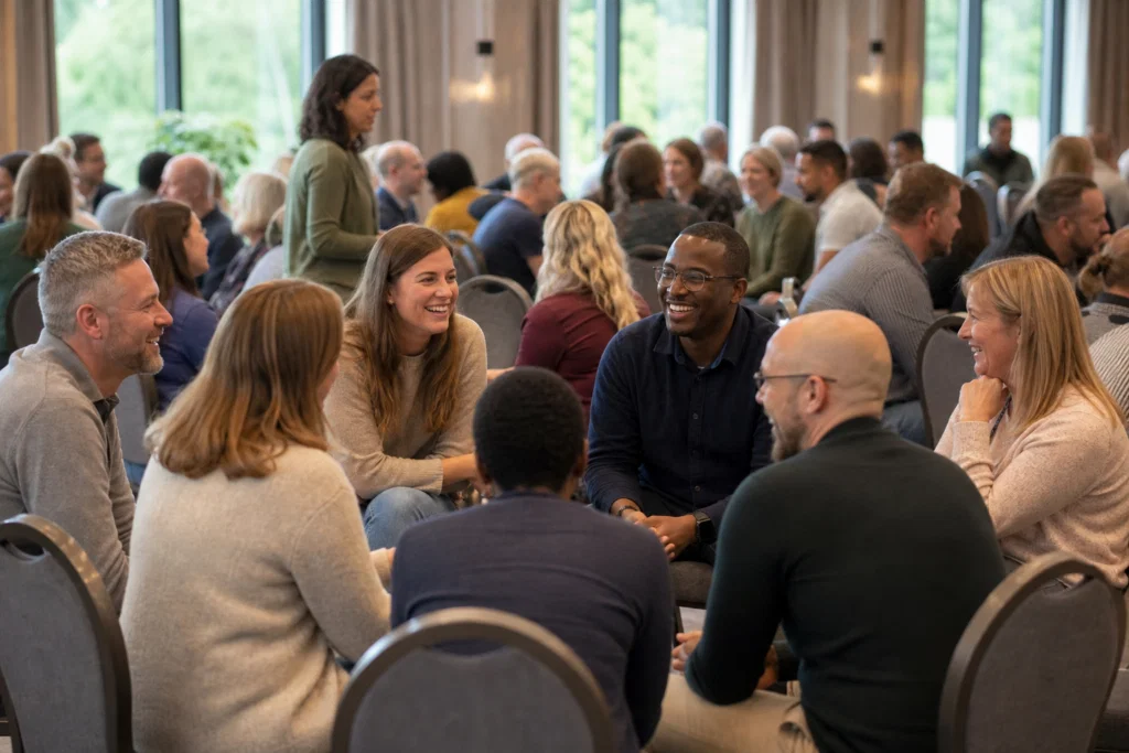 Inclusive low-pressure icebreaker with colleagues seated and standing in small groups