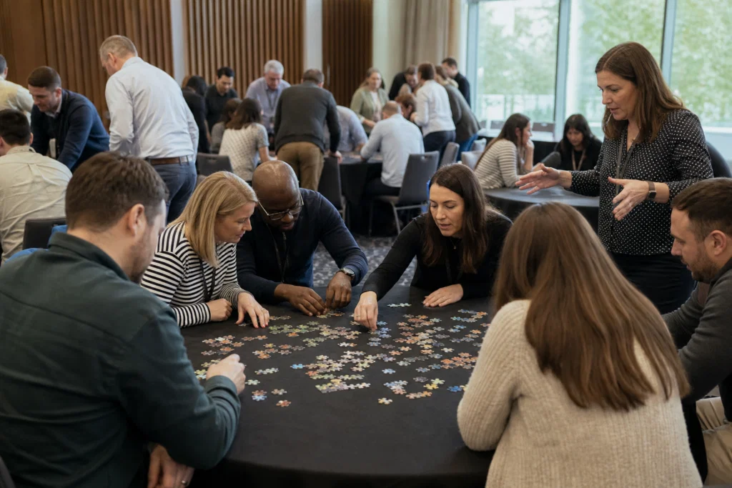 Indoor large-group team building activity with clear facilitation and accessible room layout