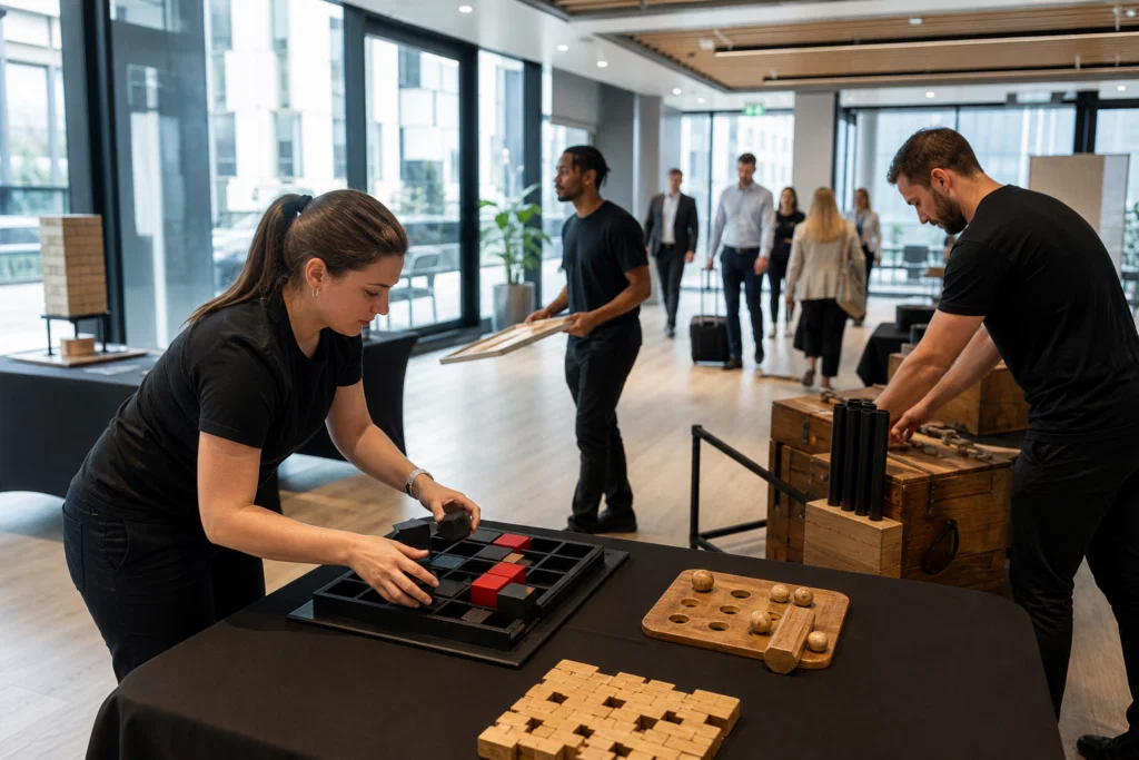 Indoor team building stations being prepared at a London venue
