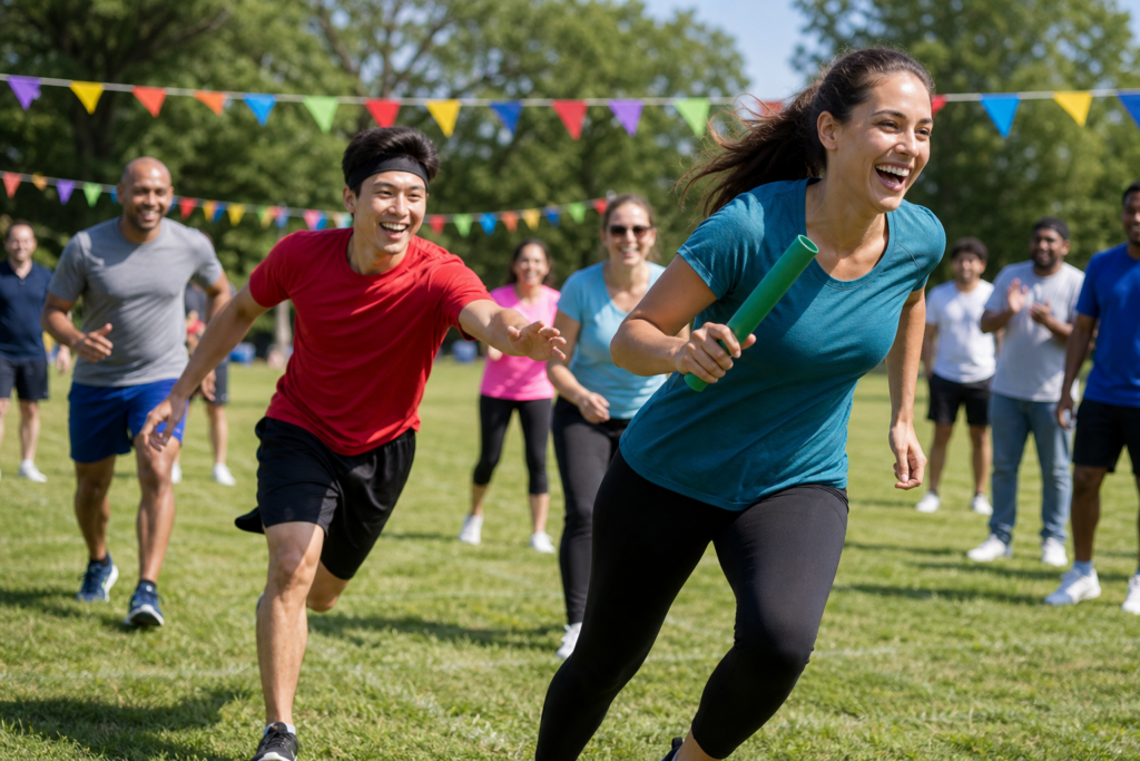 Colleagues taking part in an outdoor company sports day relay race