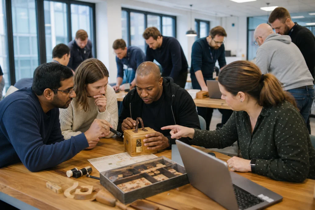 IT team taking part in a collaborative corporate team building challenge