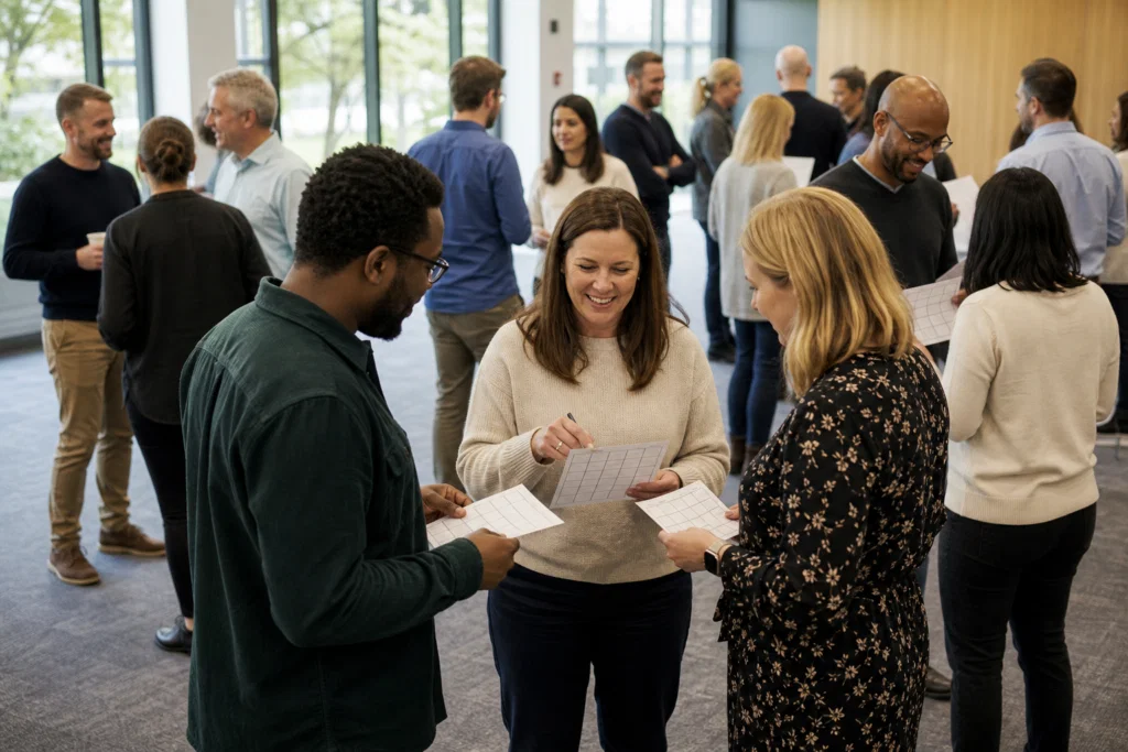 Large group of colleagues mingling during an icebreaker activity at a corporate away day