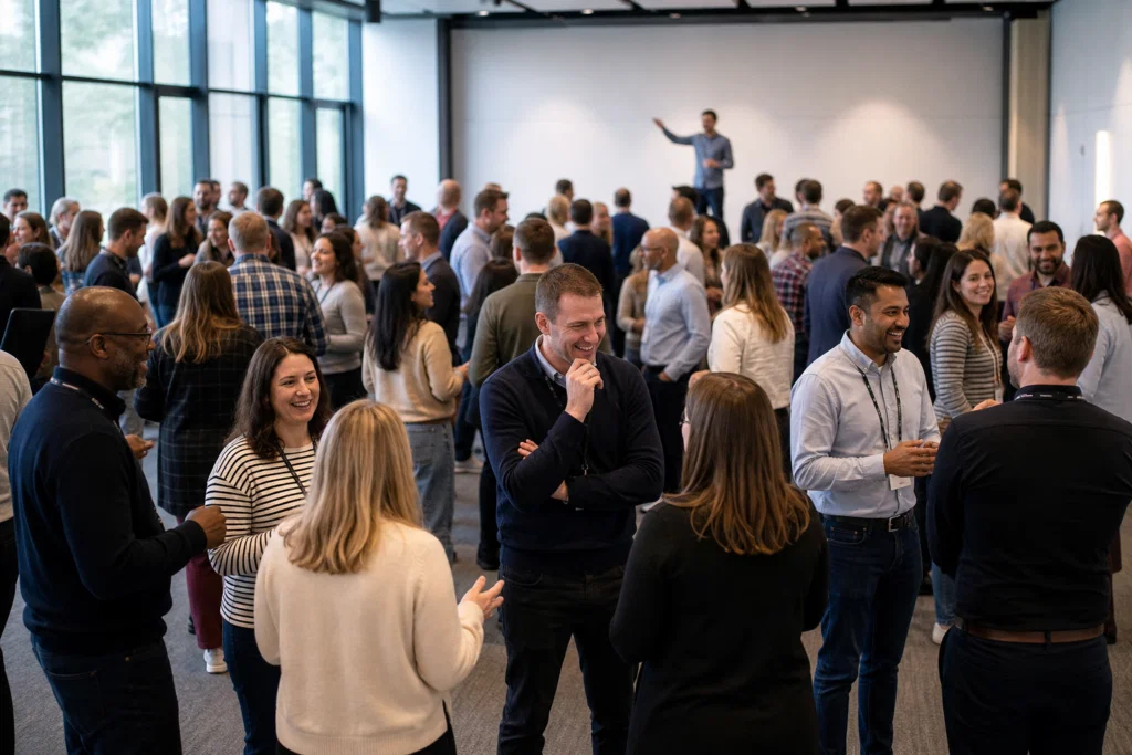 Large group of colleagues taking part in a corporate icebreaker at a conference venue