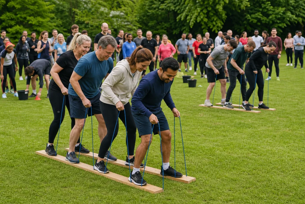 Large group of colleagues taking part in an outdoor corporate team building activity