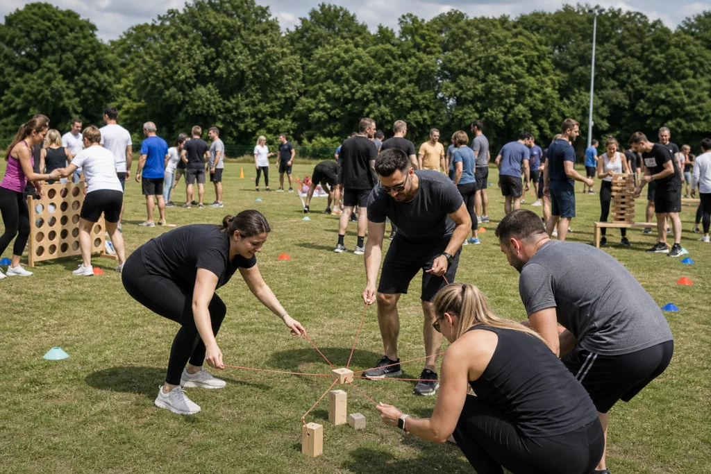 Large group team building event with outdoor activity zones