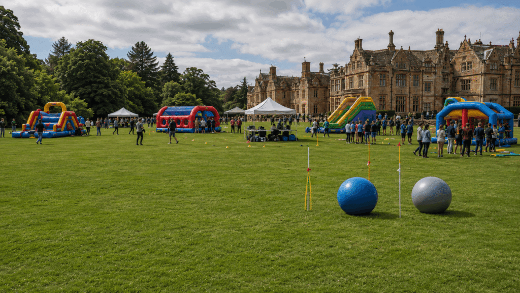 Large-scale corporate team building event with inflatables, gazebos and activity zones outside a UK country house venue.