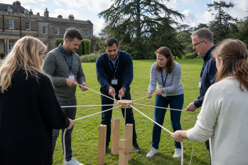 A leadership team taking part in an outdoor problem-solving challenge on a countryside estate
