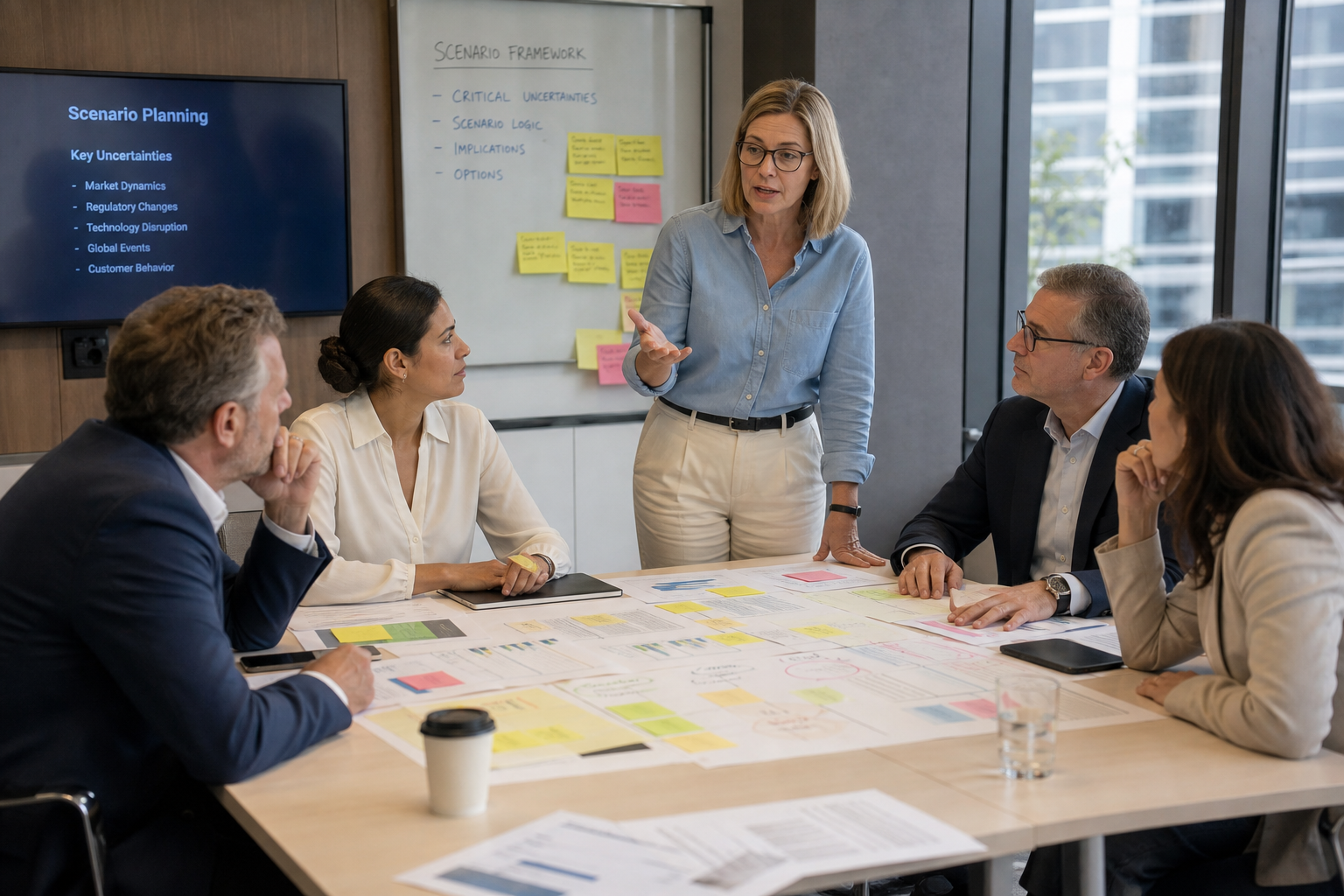 Senior leaders working through a decision-making scenario exercise around a table