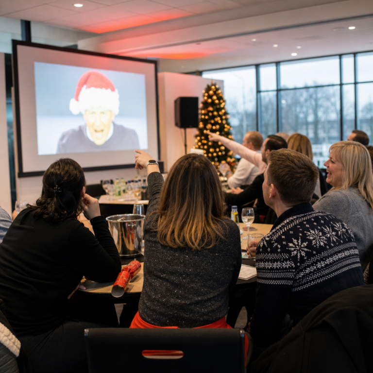 Team members working through a picture round in a Christmas quiz