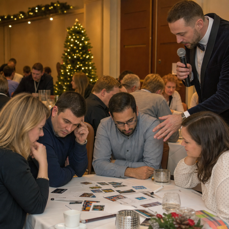 Corporate team tackling a creative Christmas quiz challenge
