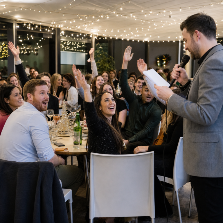 Fast-fire finale in a Christmas team quiz with colleagues reacting quickly
