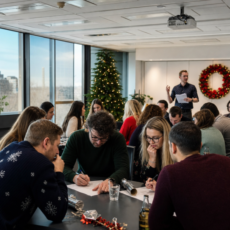 Colleagues discussing answers during a festive team quiz