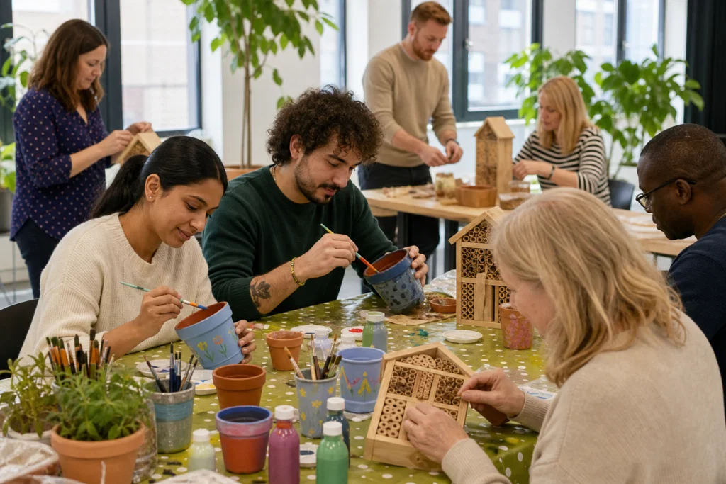 Office team taking part in a calm creative sustainability workshop