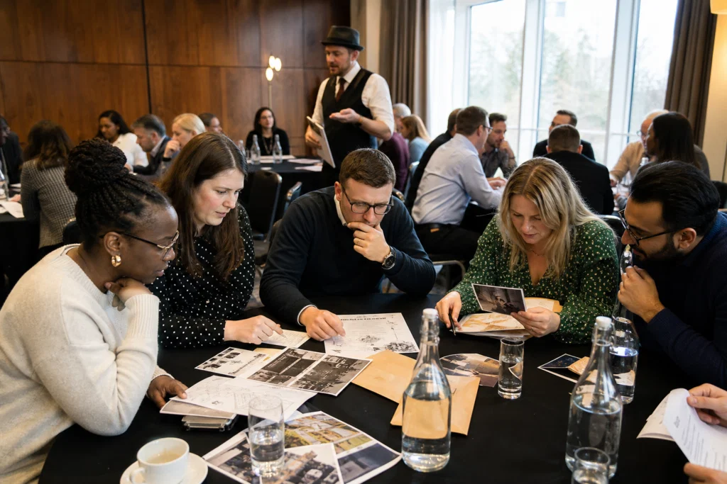 Office team working through clues during a murder mystery activity