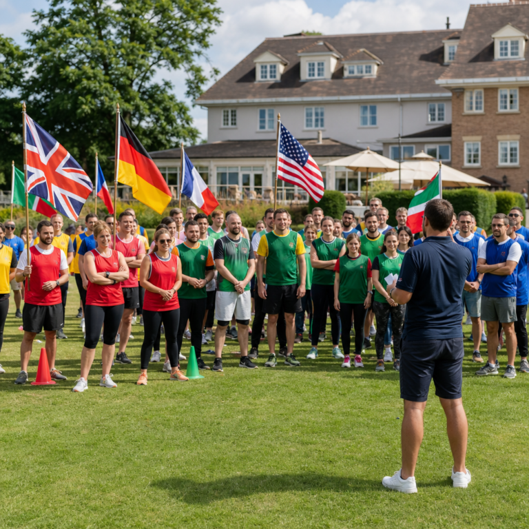 Corporate teams lined up for an Olympic Sports Day opening ceremony