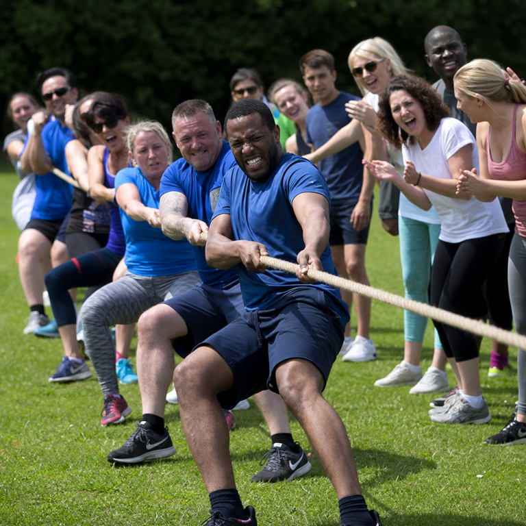 Corporate team competing in tug of war during Olympic Sports Day