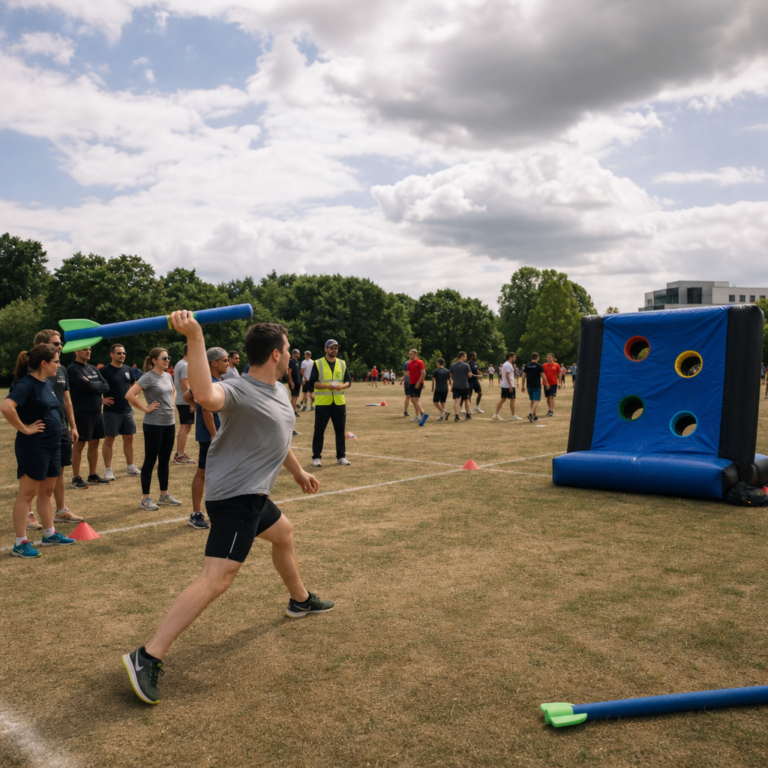 Participants taking part in a javelin style field challenge at Olympic Sports Day