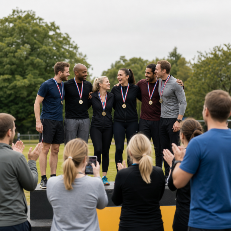 Winning corporate team at an Olympic Sports Day medal ceremony
