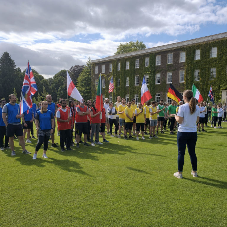 Corporate teams lined up for an Olympic Sports Day opening ceremony