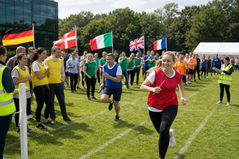 UK corporate team taking part in an outdoor Olympic Sports Day relay event
