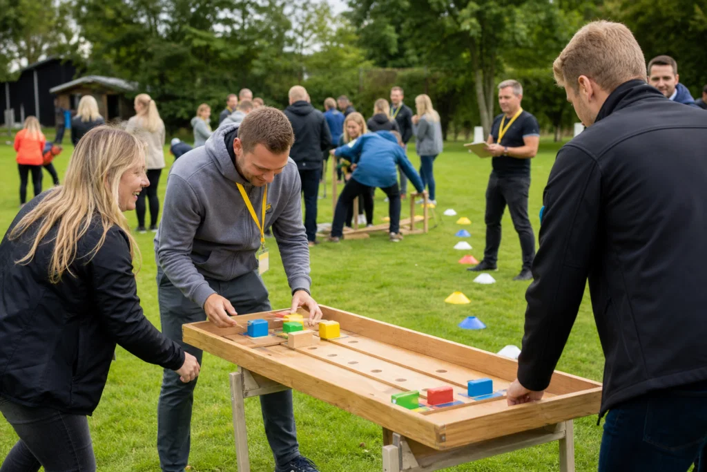 Outdoor corporate team building activity stations at a UK away day