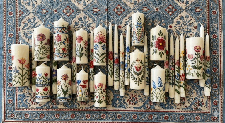painted candles on cloth