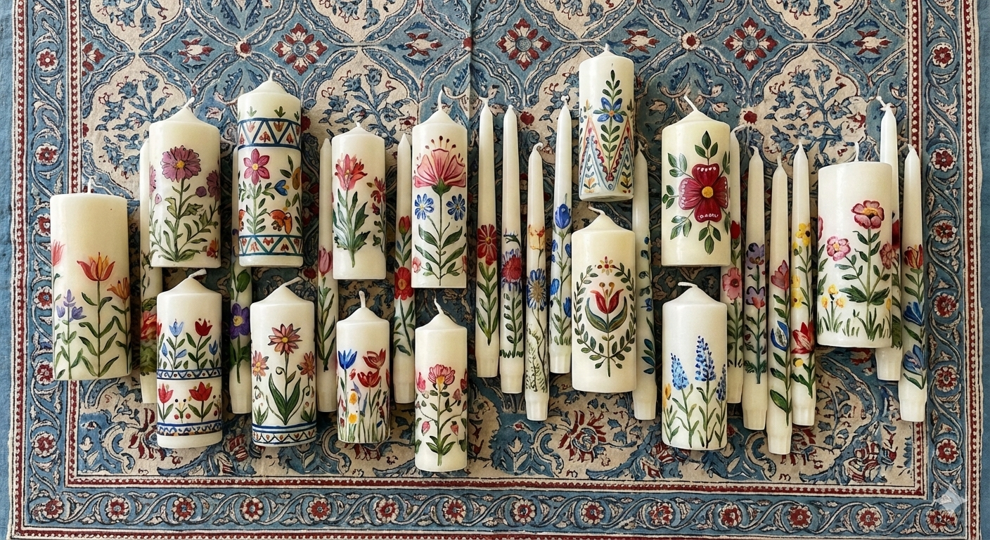 painted candles on cloth
