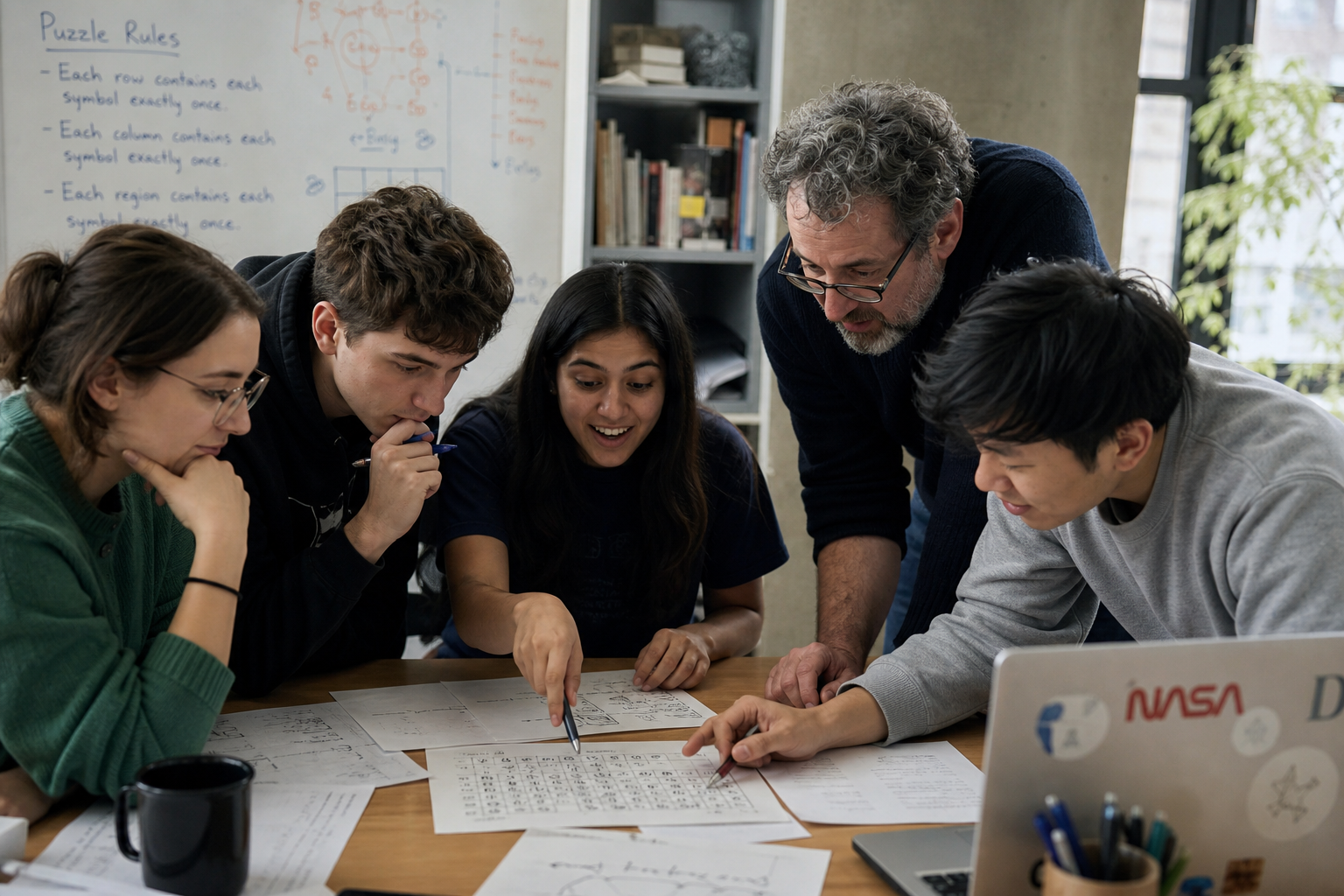 Team members working together to solve a puzzle challenge
