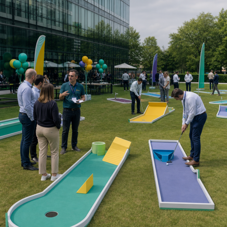 Wide outdoor view of teams rotating around a portable crazy golf course at a corporate charity event