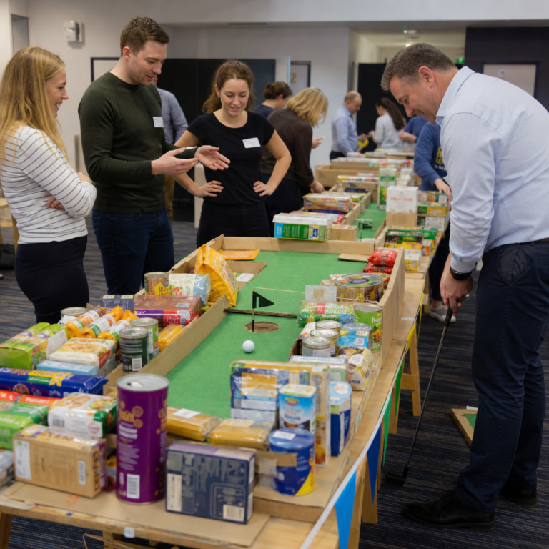 Corporate team creating a charity mini golf hole from donated goods before the game begins