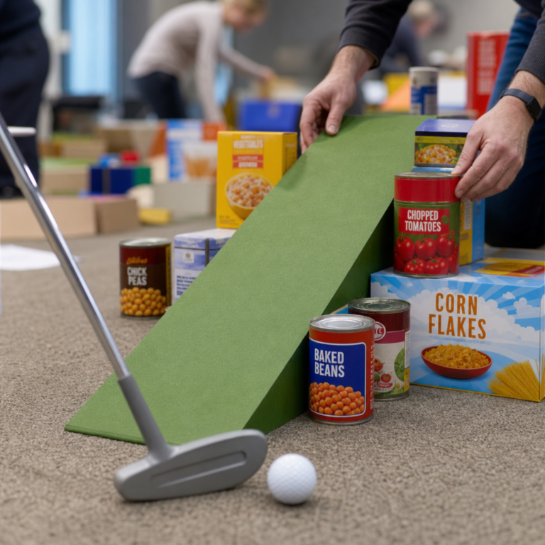 Close-up of donated items being turned into a crazy golf obstacle for a charity team event