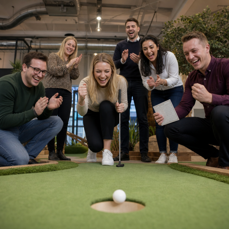 Team celebrating a successful putt during a charity crazy golf challenge at a corporate event