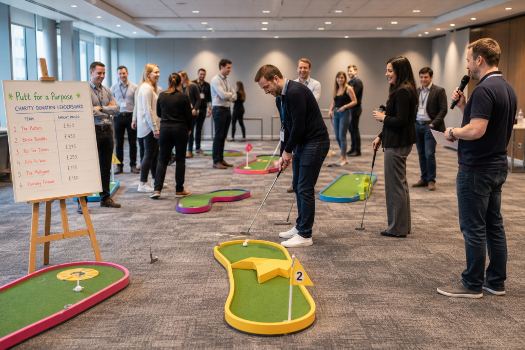 UK corporate team playing a charity crazy golf event on a portable indoor course during a Putt for a Purpose team building day