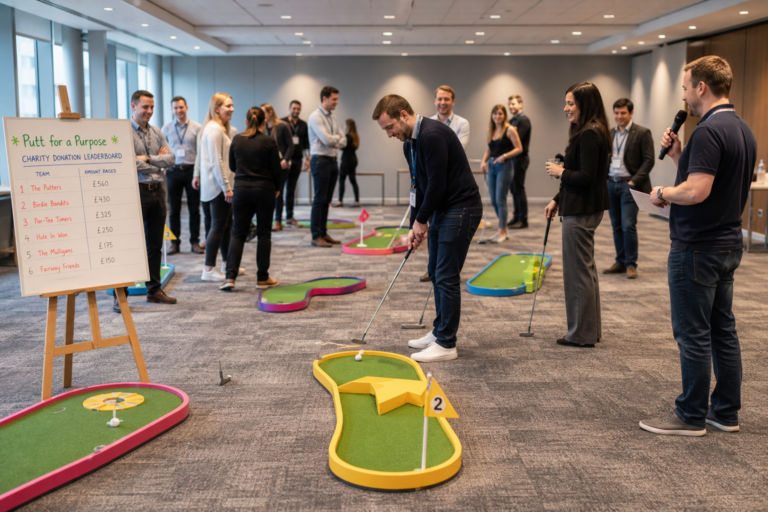UK corporate team playing a charity crazy golf event on a portable indoor course during a Putt for a Purpose team building day