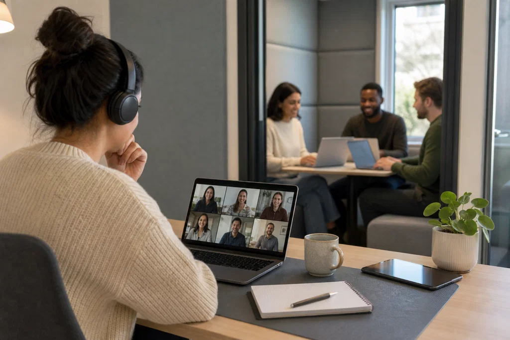 Remote colleagues joining a wellbeing-focused team session
