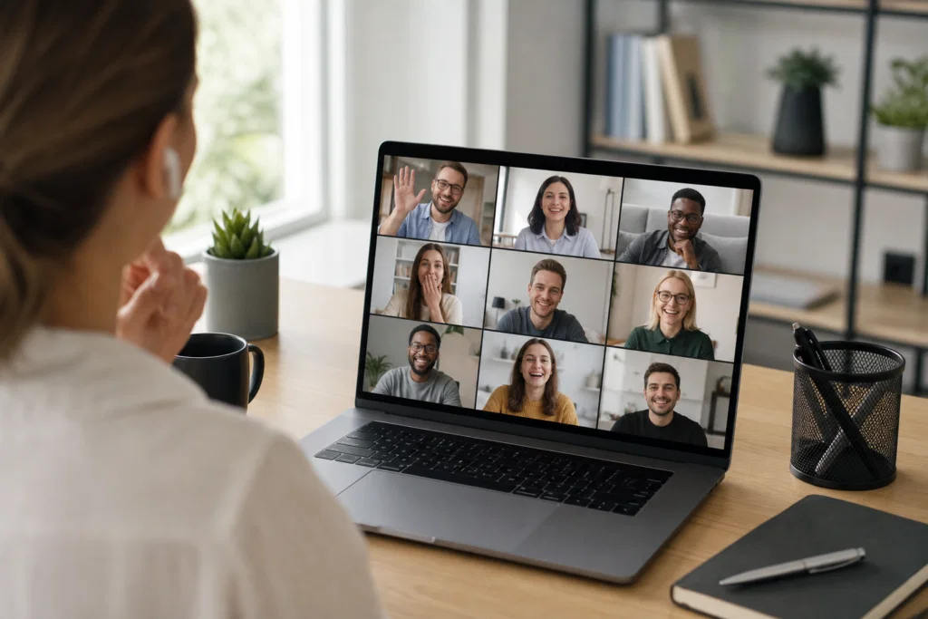 Remote colleagues taking part in a virtual team building activity on a laptop