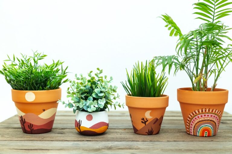 Artificial,Plants,In,Clay,Terracotta,Pots ,Hand,Painted,With,Acrylics