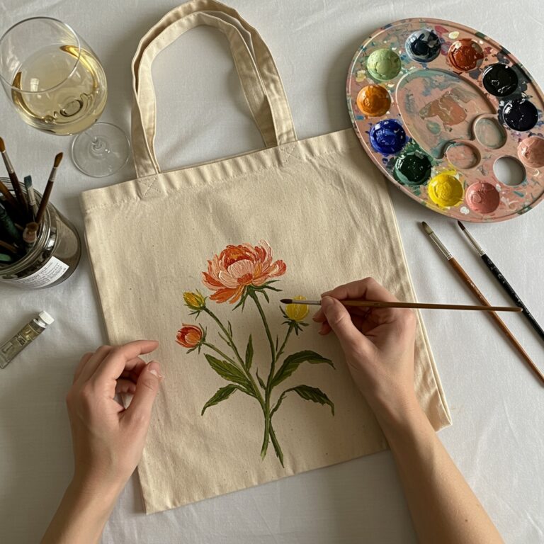 Woman,Painting,A,Flower,On,A,Tote,Bag ,Paint,Pallet