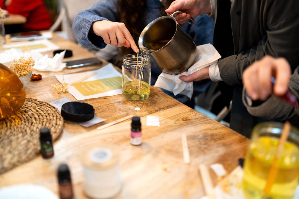 pouring soy candle wax