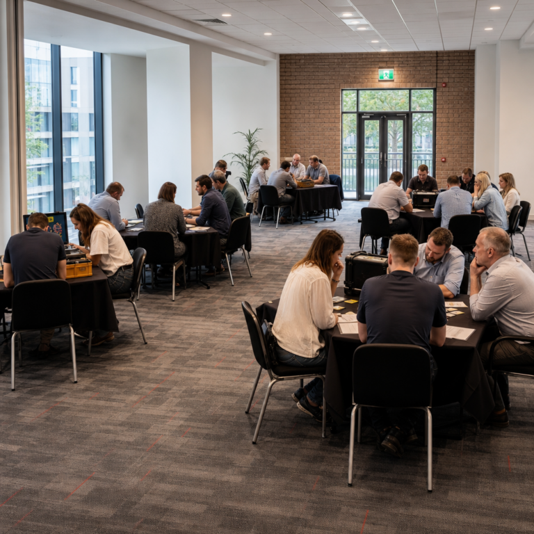 Wide view of multiple corporate teams taking part in an open room escape mission.