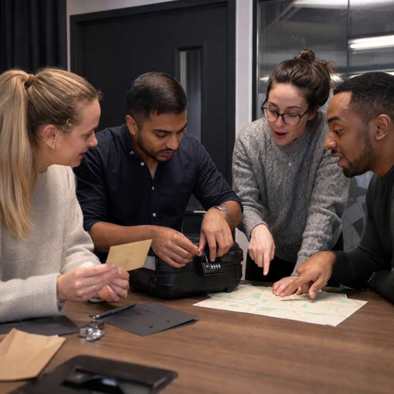 Corporate colleagues working together to open a coded mission case.