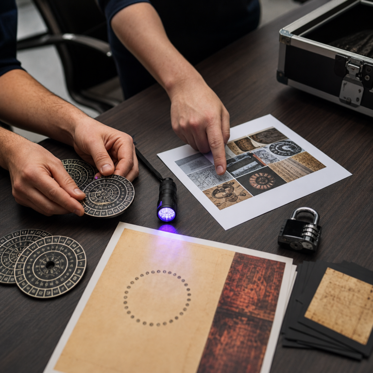 Close-up of puzzle tools and hands decoding evidence during the mission.