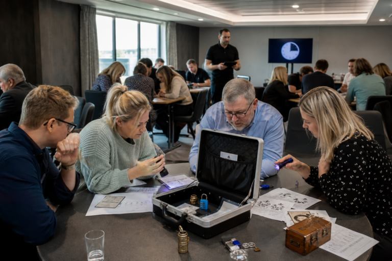 UK corporate teams solving portable escape room puzzles at tables during Signal Lockdown.