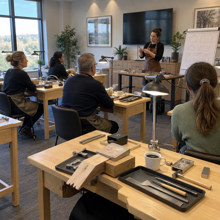 Colleagues listen to the tutor's safety briefing at prepared silversmithing workstations.
