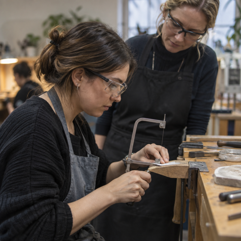 A participant cuts silver strip with a jeweller's saw while the silversmith supervises.