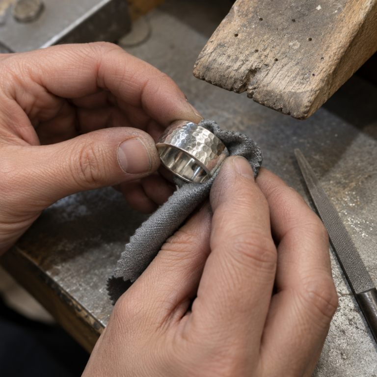 Hands polish the textured surface of a handmade chunky sterling silver ring.