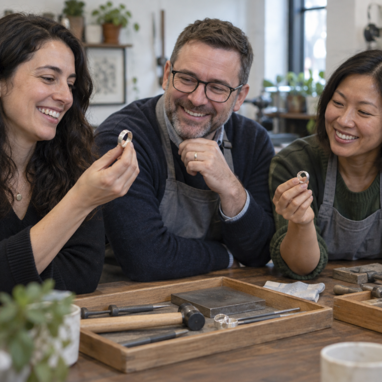 Colleagues smile and compare their finished silver rings at the end of the workshop.