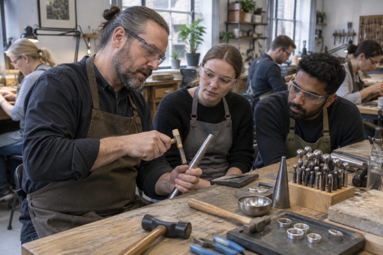 A silversmith shows colleagues how to shape a chunky silver ring on a mandrel.